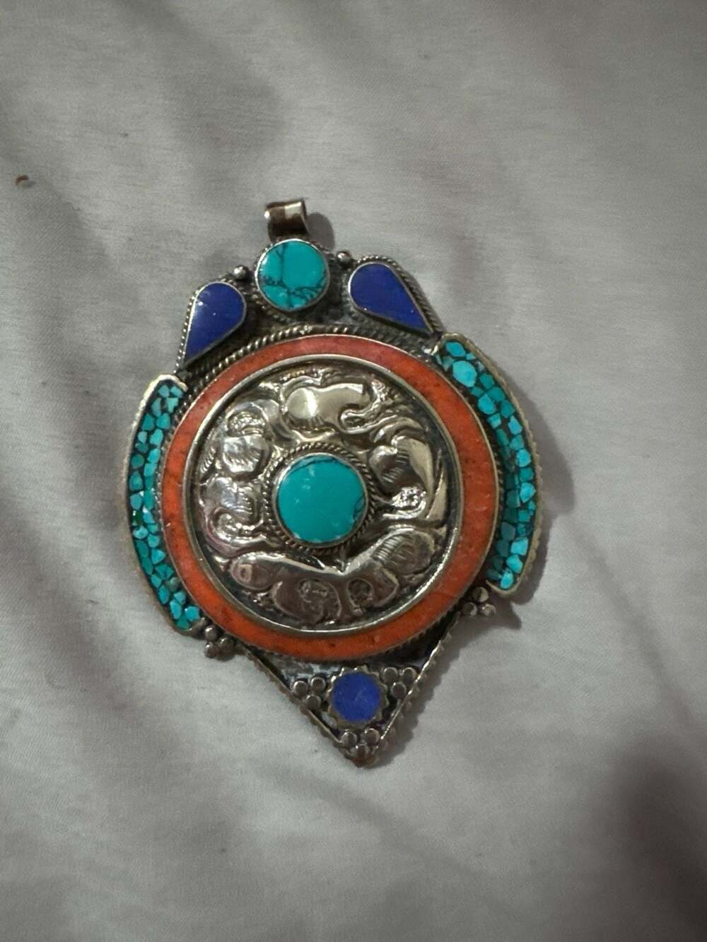 Vintage Tibetan Silver Pendant with Inlaid Turquoise, Lapis Lazuli, and Coral St